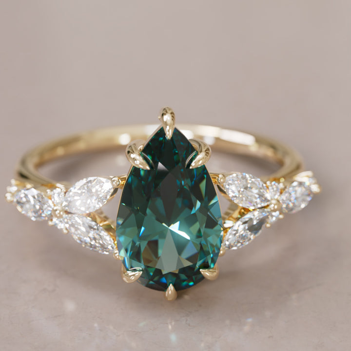 Peony Pear Teal Sapphire Engagement Flower Ring Nature Inspired By Valley Rose