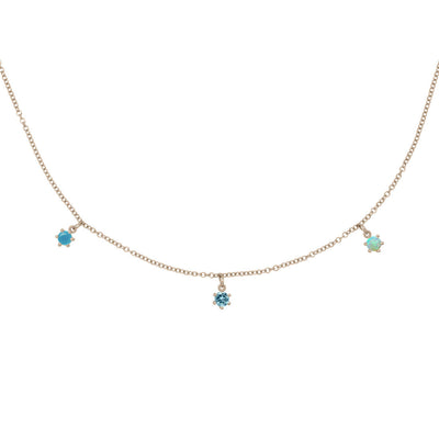 Pisces Zodiac Gold Fringe Necklace with Aquamarine, Turquoise & Opal 16" Chain By Valley Rose Ethical Jewelry