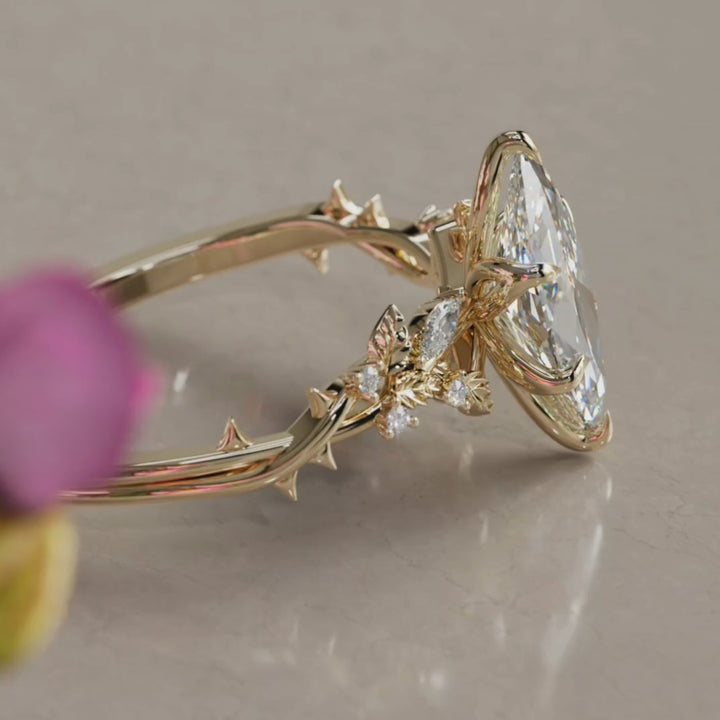 Rosewood Marquise Lab Diamond Engagement Flower Ring Nature Inspired (Setting Only)