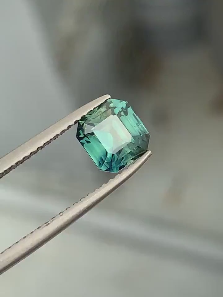 2.04 Ct Asscher Cut Bi-Color Teal Green Sapphire, 6.6mm x 6.4mm x 4.6mm