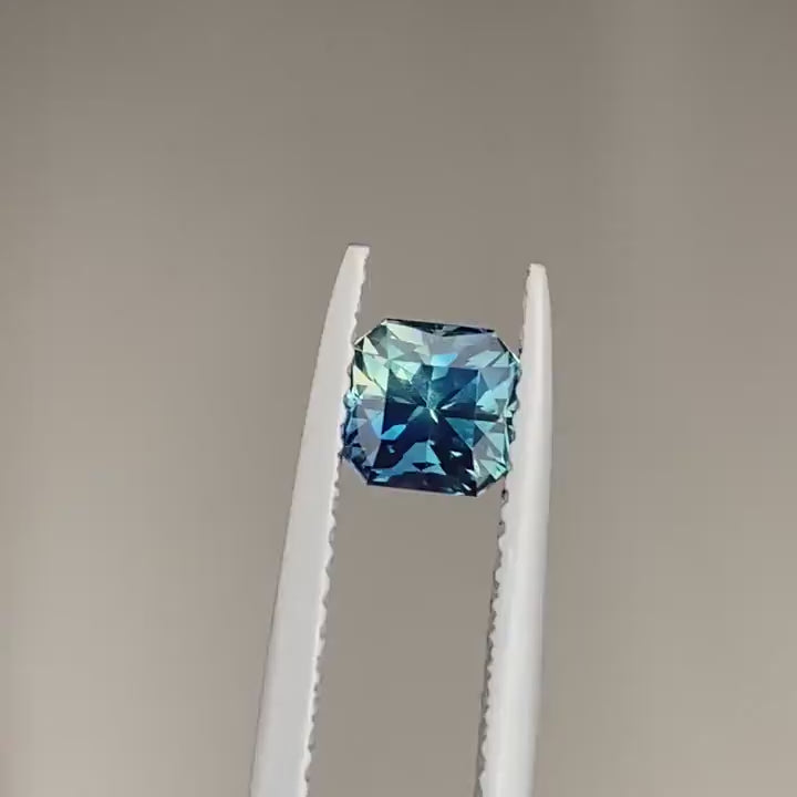 0.93 Ct Asscher Cut Bi-Color Blue Green Sapphire, 4.9mm x 4.7mm x 4.4mm