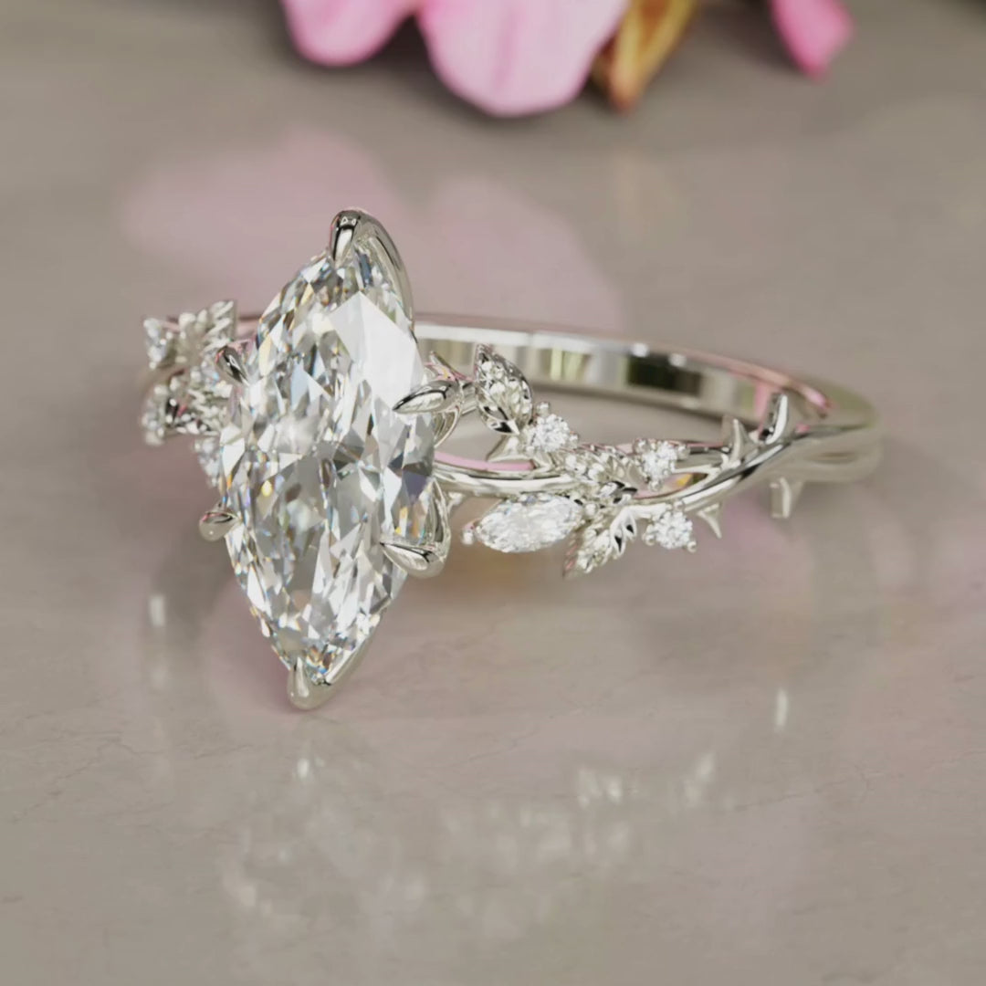 Rosewood Marquise Lab Diamond Engagement Flower Ring Nature Inspired (Setting Only)