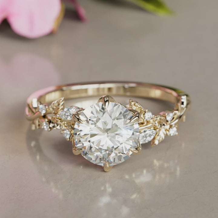 Rosewood Round Lab Diamond Engagement Flower Ring Nature Inspired (Setting Only)
