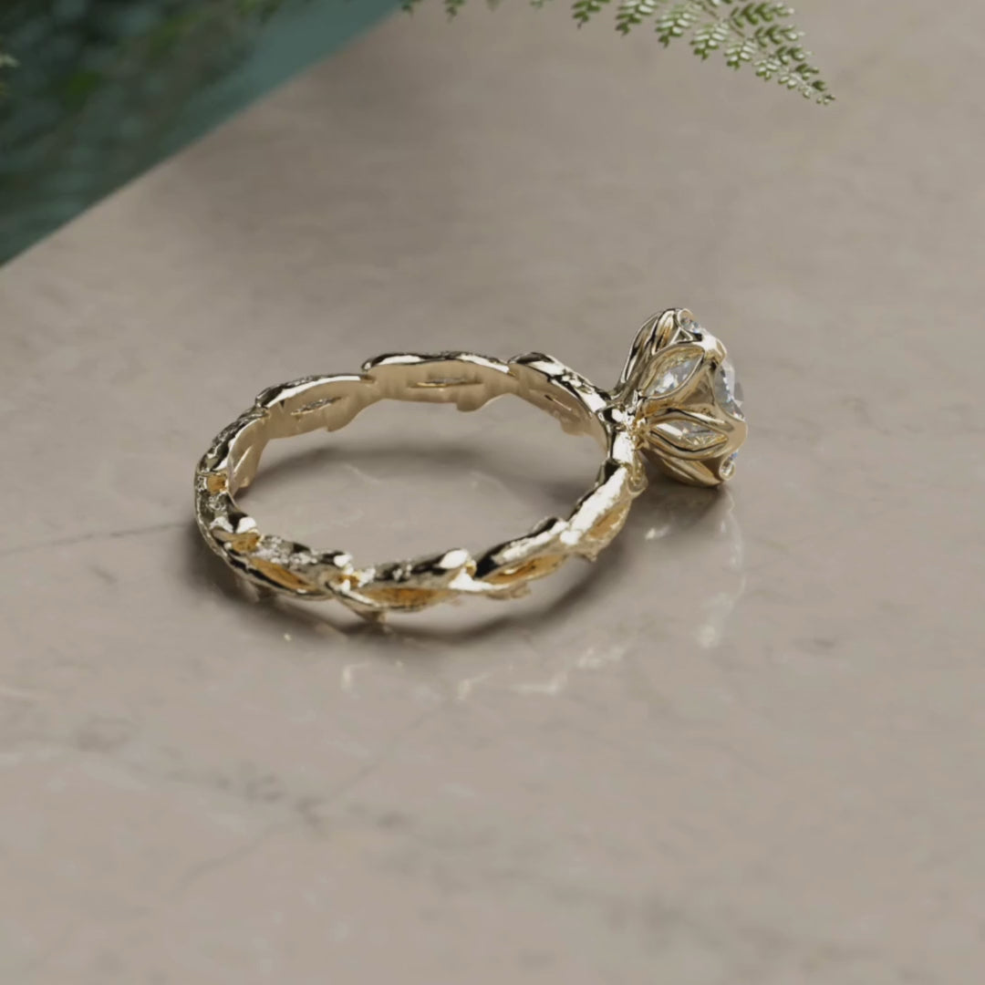 Bague de fiançailles nature elfique Niamh pétale griffes rond diamant de laboratoire (monture seulement)