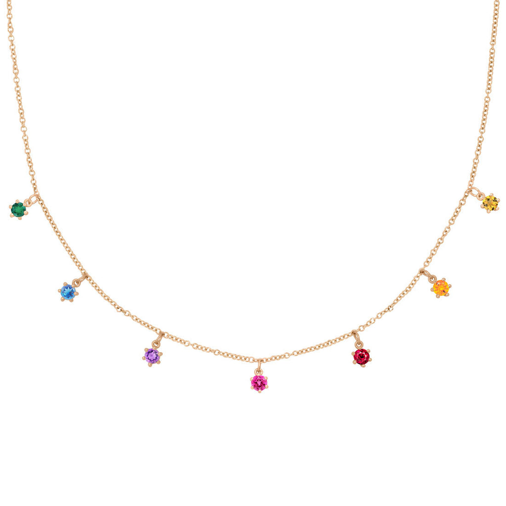 Rainbow Gemstone Gold Charm Fringe Necklace By Valley Rose Ethical Jewelry