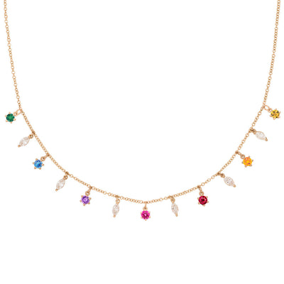 Rainbow Gemstone & Marquise Diamond Gold Charm Fringe Necklace By Valley Rose Ethical Jewelry