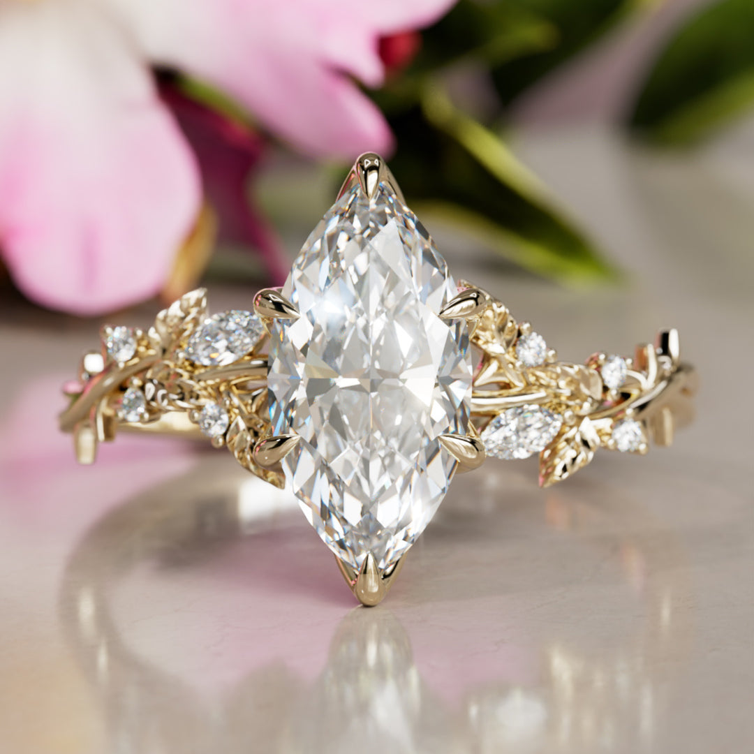 Rosewood Marquise Lab Diamond Engagement Flower Ring Nature Inspired By Valley Rose