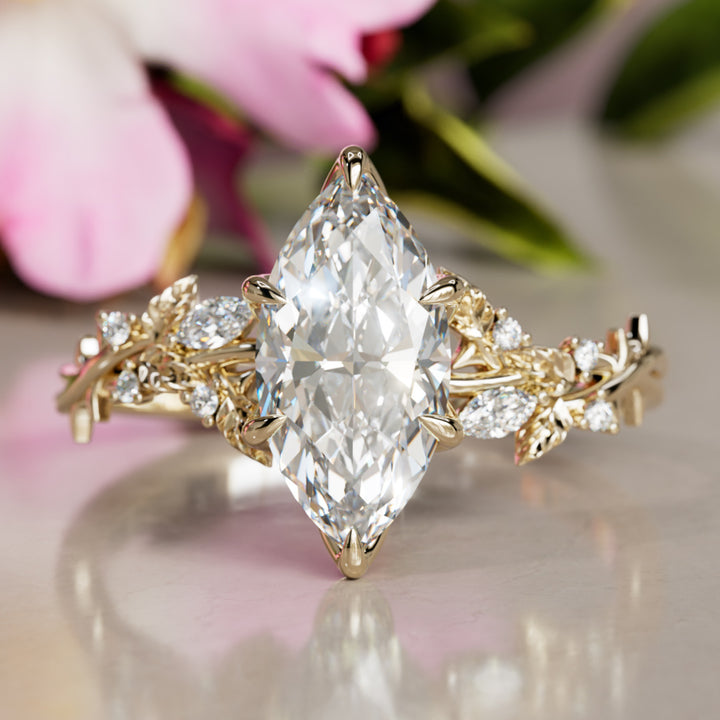 Rosewood Marquise Lab Diamond Engagement Flower Ring Nature Inspired By Valley Rose