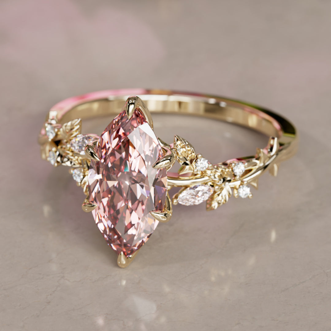 Rosewood Marquise Pink Lab Diamond Engagement Flower Ring Nature Inspired By Valley Rose