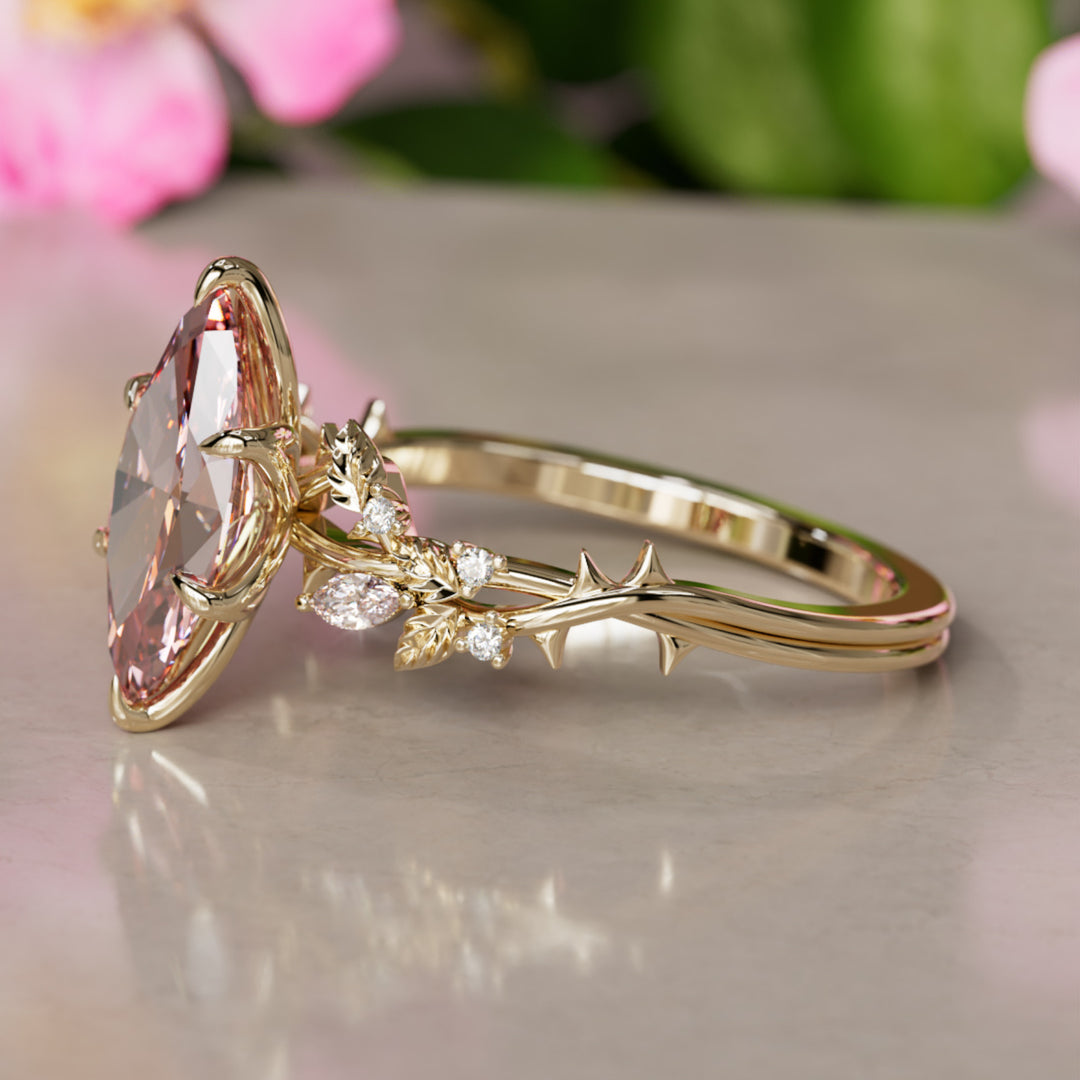 Rosewood Marquise Pink Lab Diamond Engagement Flower Ring Nature Inspired By Valley Rose