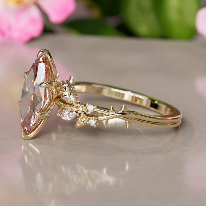 Rosewood Marquise Pink Lab Diamond Engagement Flower Ring Nature Inspired By Valley Rose