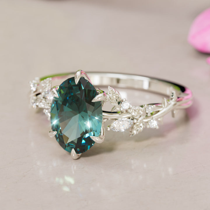 Rosewood Oval Teal Sapphire Engagement Flower Ring Nature Inspired By Valley Rose