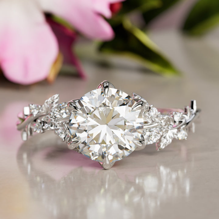 Rosewood Round Lab Diamond Engagement Flower Ring Nature Inspired By Valley Rose