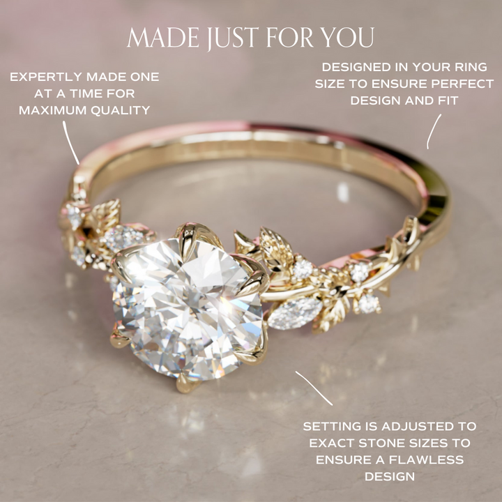Rosewood Round Lab Diamond Engagement Flower Ring Nature Inspired By Valley Rose