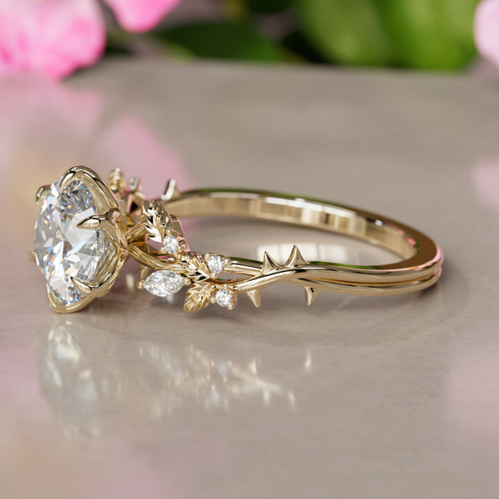 Rosewood Round Lab Diamond Engagement Flower Ring Nature Inspired By Valley Rose