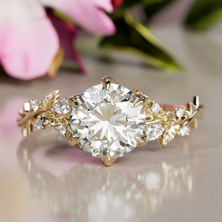 Rosewood Round Lab Diamond Engagement Flower Ring Nature Inspired By Valley Rose