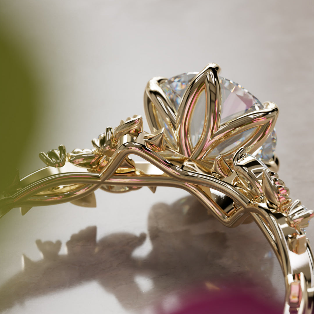 Rosewood Round Lab Diamond Engagement Flower Ring Nature Inspired By Valley Rose