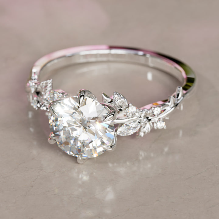 Rosewood Round Lab Diamond Engagement Flower Ring Nature Inspired By Valley Rose