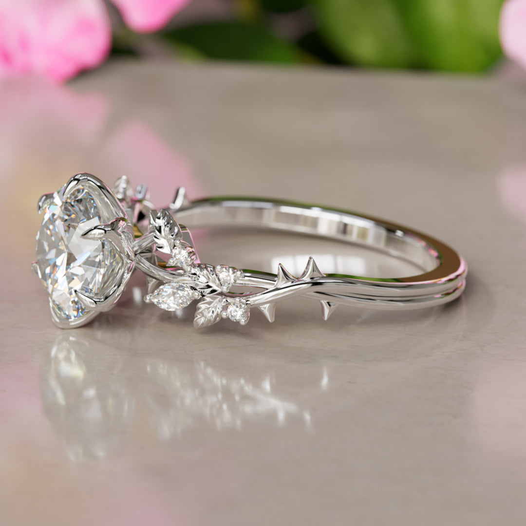 Rosewood Round Lab Diamond Engagement Flower Ring Nature Inspired By Valley Rose