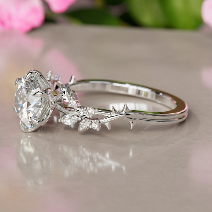 Rosewood Round Lab Diamond Engagement Flower Ring Nature Inspired By Valley Rose