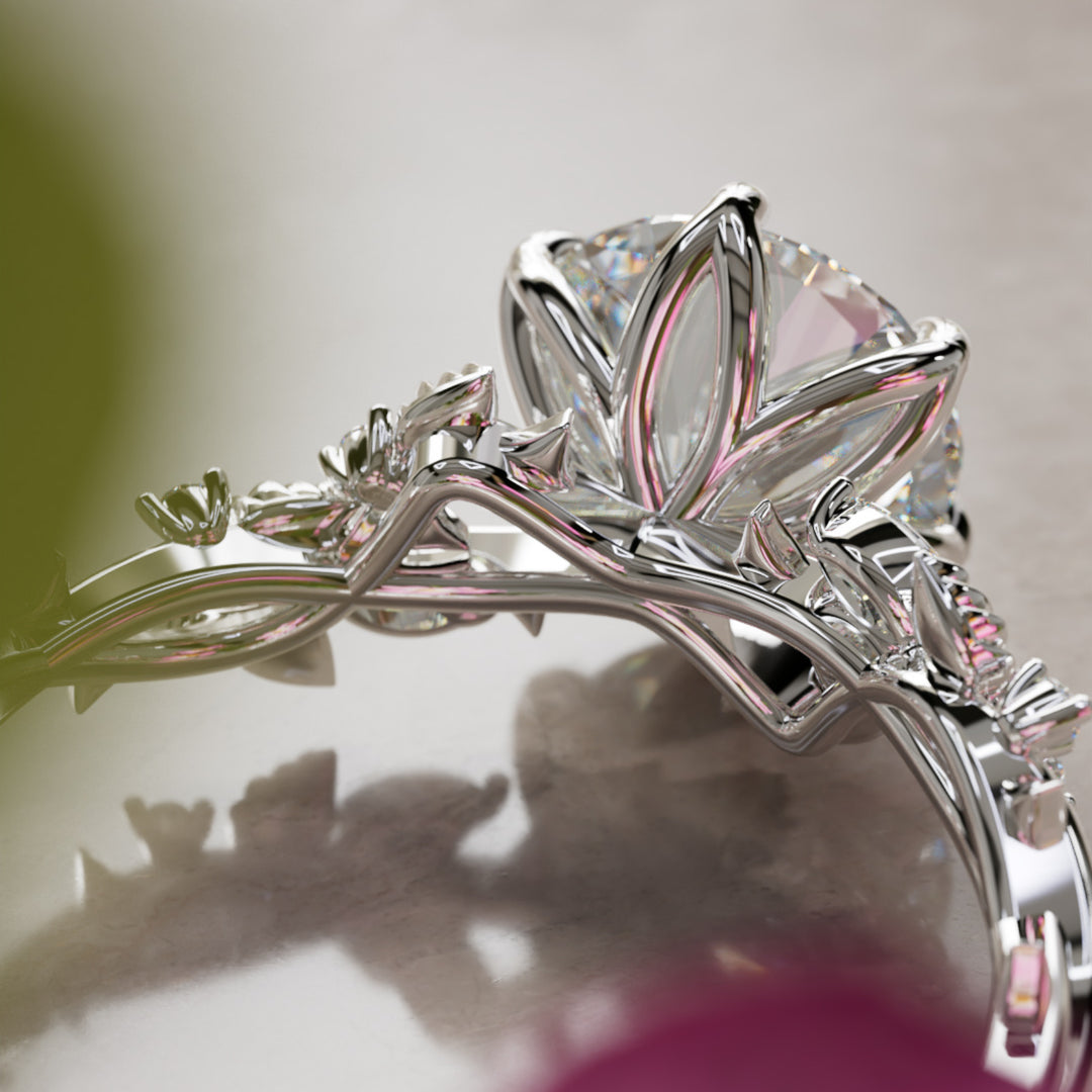Rosewood Round Lab Diamond Engagement Flower Ring Nature Inspired By Valley Rose