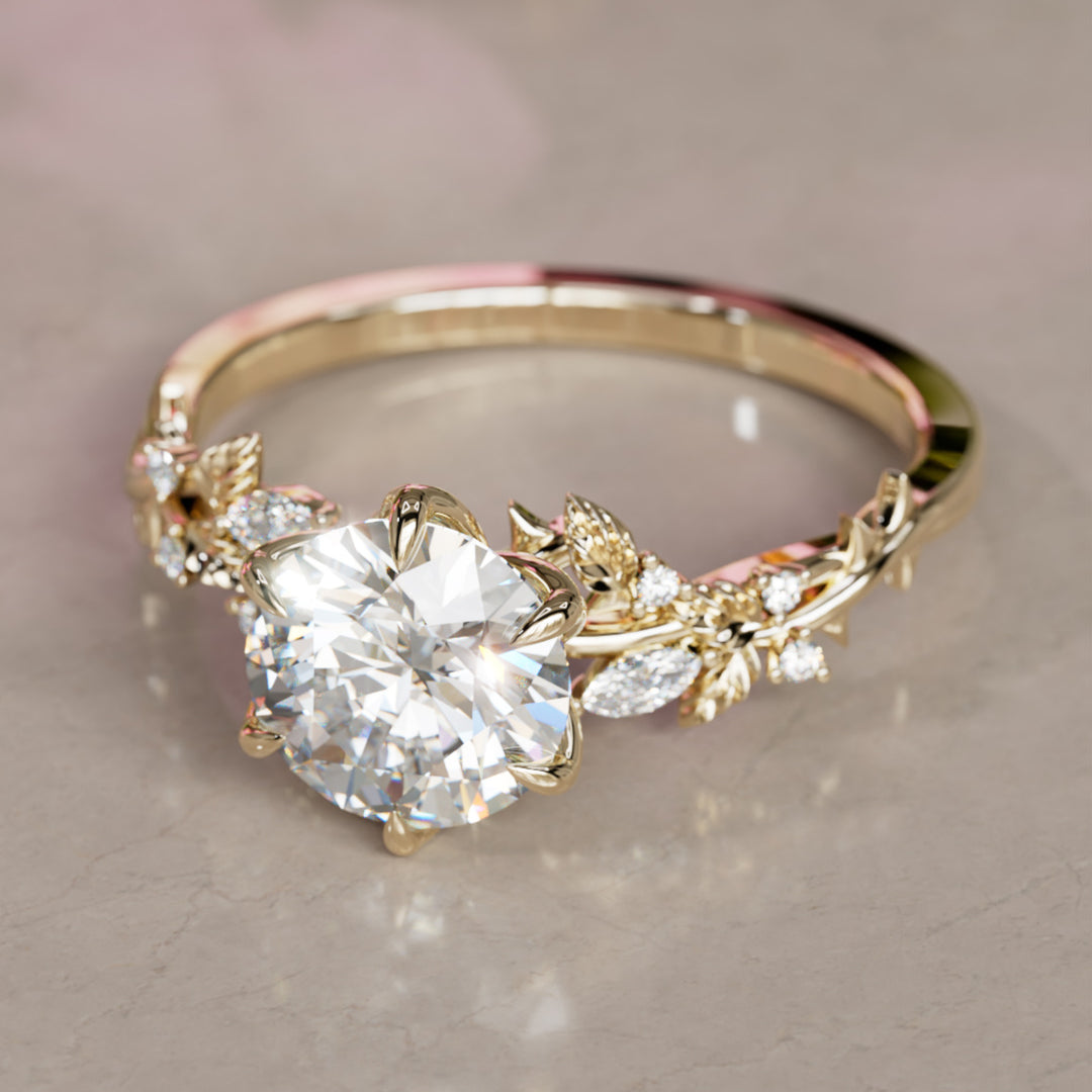 Rosewood Round Lab Diamond Engagement Flower Ring Nature Inspired By Valley Rose