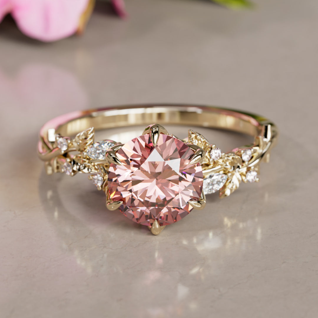 Rosewood Round Pink Lab Diamond Engagement Flower Ring Nature Inspired By Valley Rose