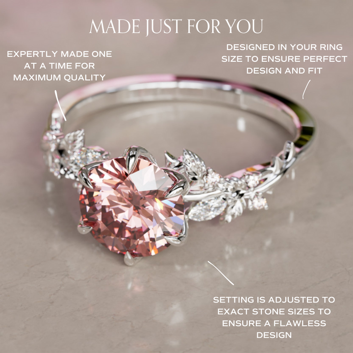 Rosewood Round Pink Lab Diamond Engagement Flower Ring Nature Inspired By Valley Rose