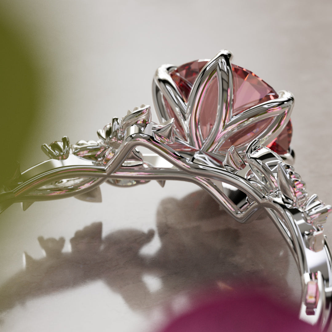 Rosewood Round Pink Lab Diamond Engagement Flower Ring Nature Inspired By Valley Rose