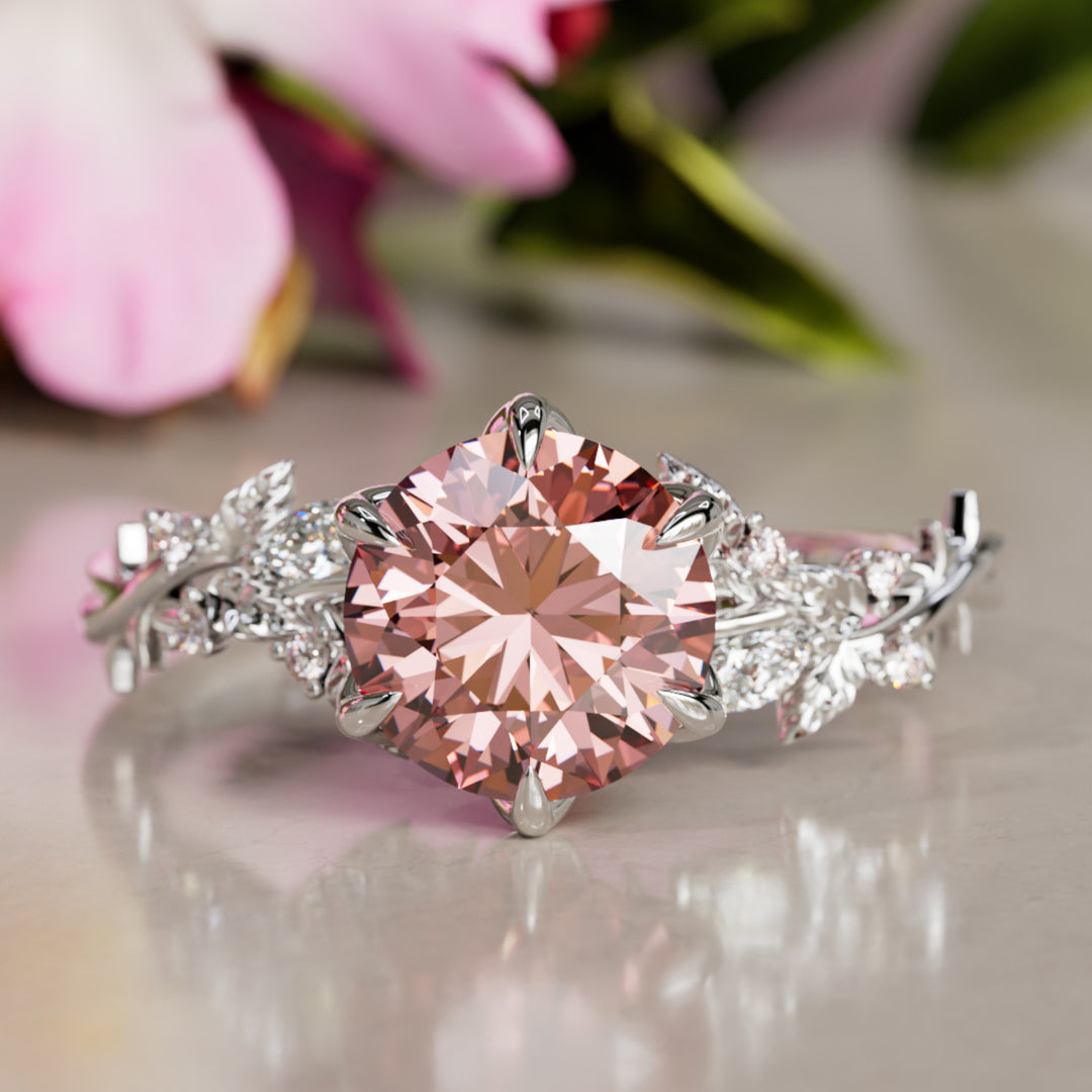 Rosewood Round Pink Lab Diamond Engagement Flower Ring Nature Inspired By Valley Rose