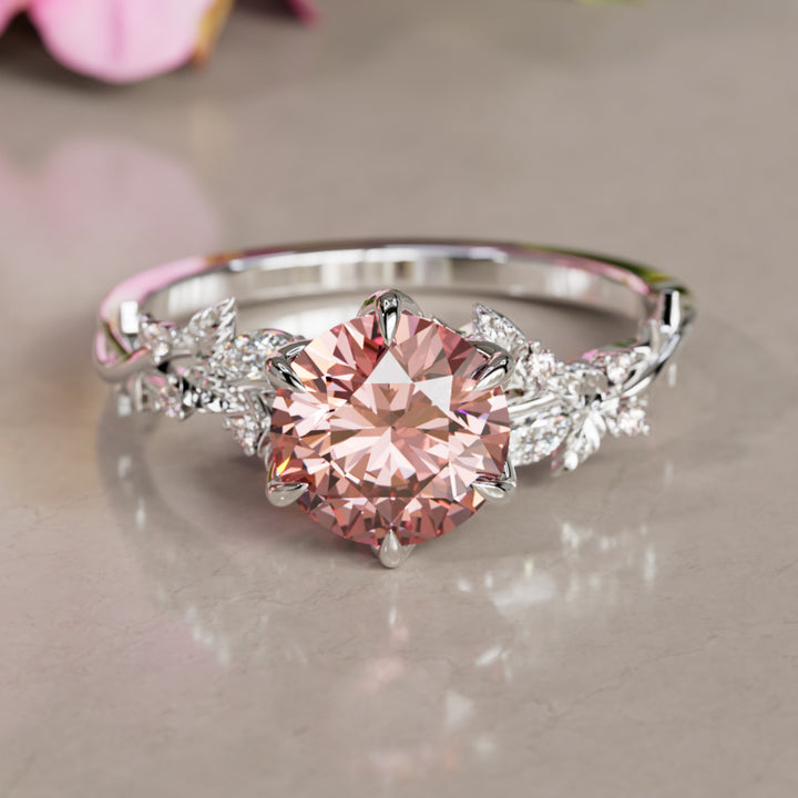 Rosewood Round Pink Lab Diamond Engagement Flower Ring Nature Inspired By Valley Rose