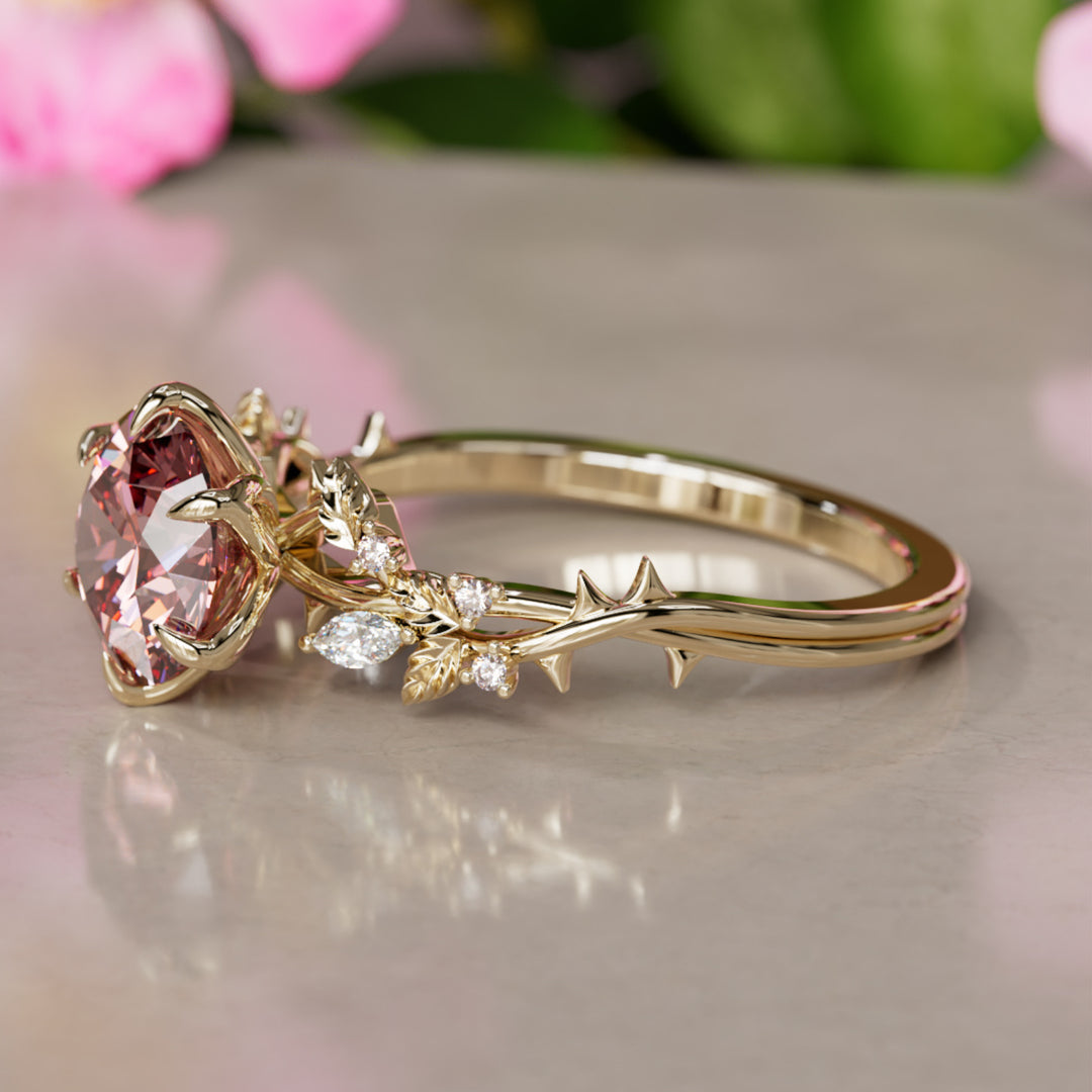 Rosewood Round Pink Lab Diamond Engagement Flower Ring Nature Inspired By Valley Rose