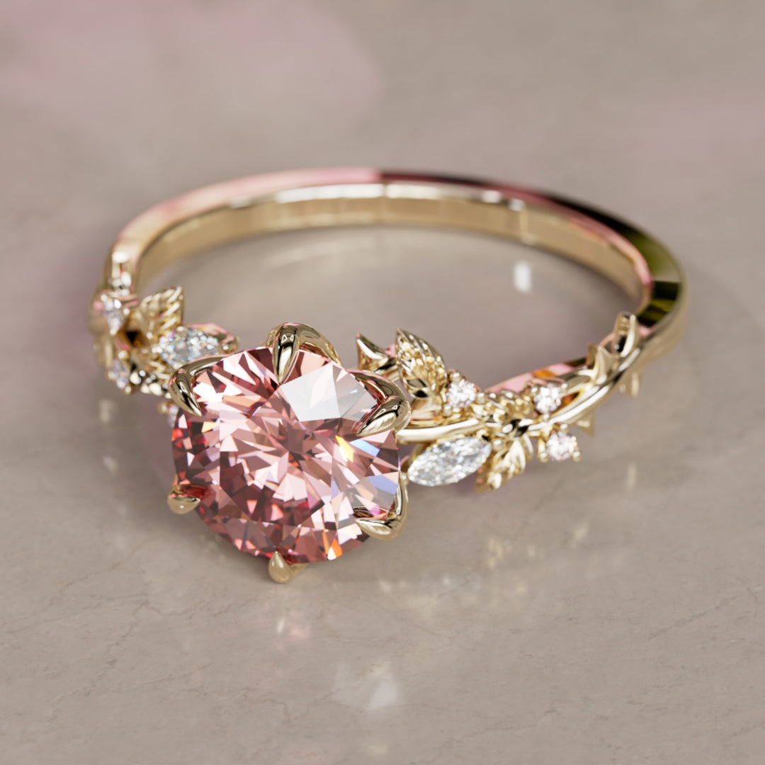 Rosewood Round Pink Lab Diamond Engagement Flower Ring Nature Inspired By Valley Rose