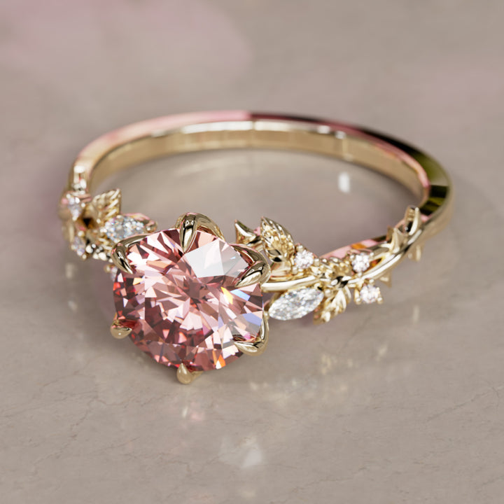 Rosewood Round Pink Lab Diamond Engagement Flower Ring Nature Inspired By Valley Rose