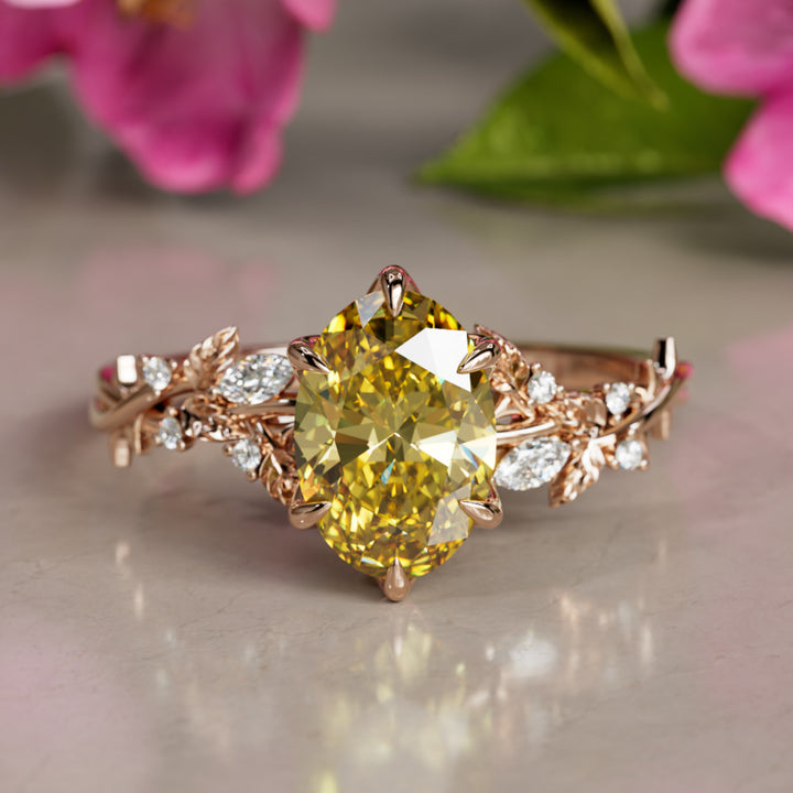 Anello di fidanzamento a fiore con diamante a forma di labradorite gialla ovale in legno di rosa ispirato alla natura (solo montatura)