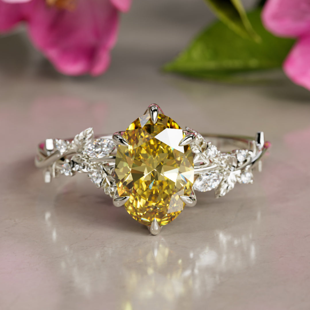 Anello di fidanzamento a fiore con diamante a forma di labradorite gialla ovale in legno di rosa ispirato alla natura (solo montatura)