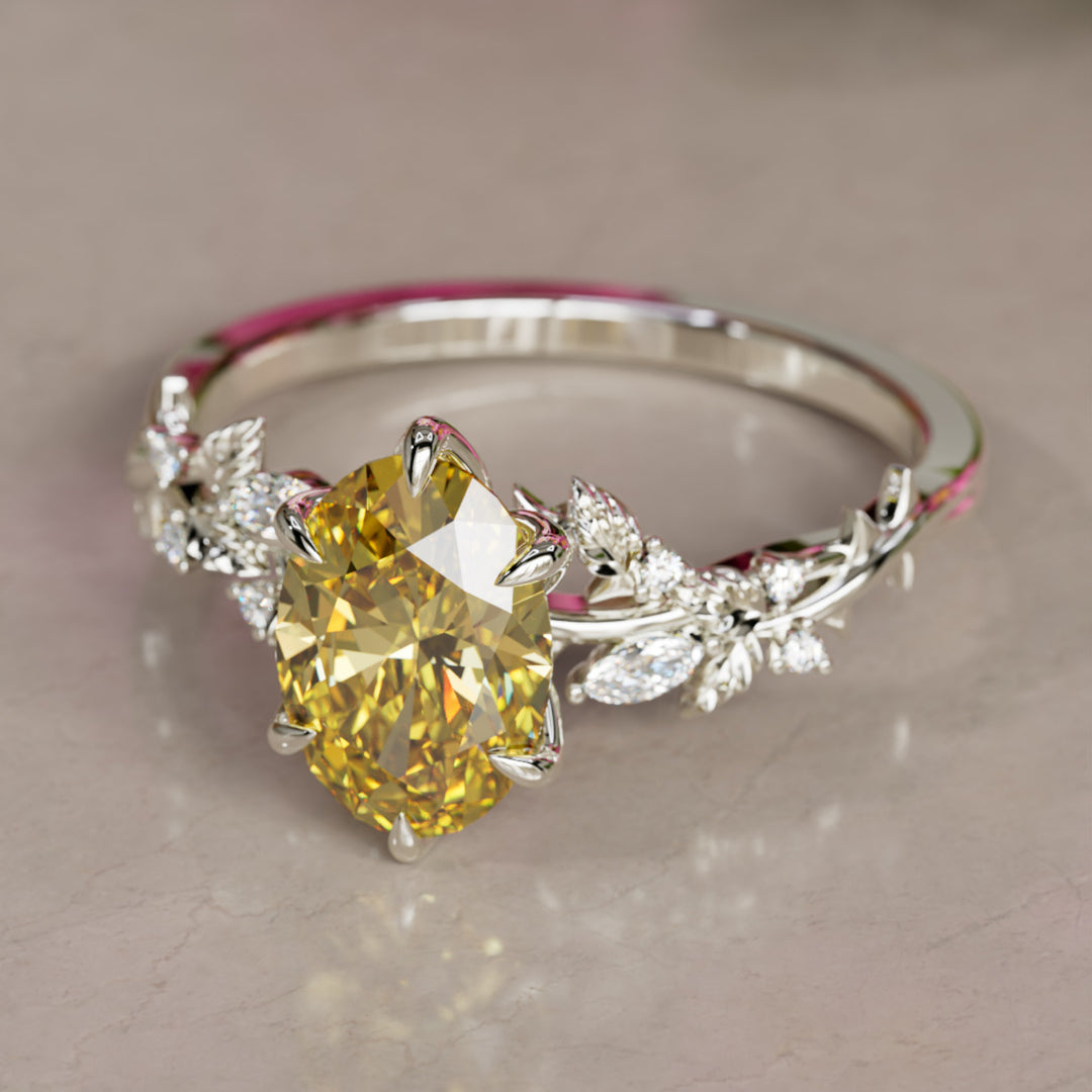 Anello di fidanzamento a fiore con diamante a forma di labradorite gialla ovale in legno di rosa ispirato alla natura (solo montatura)