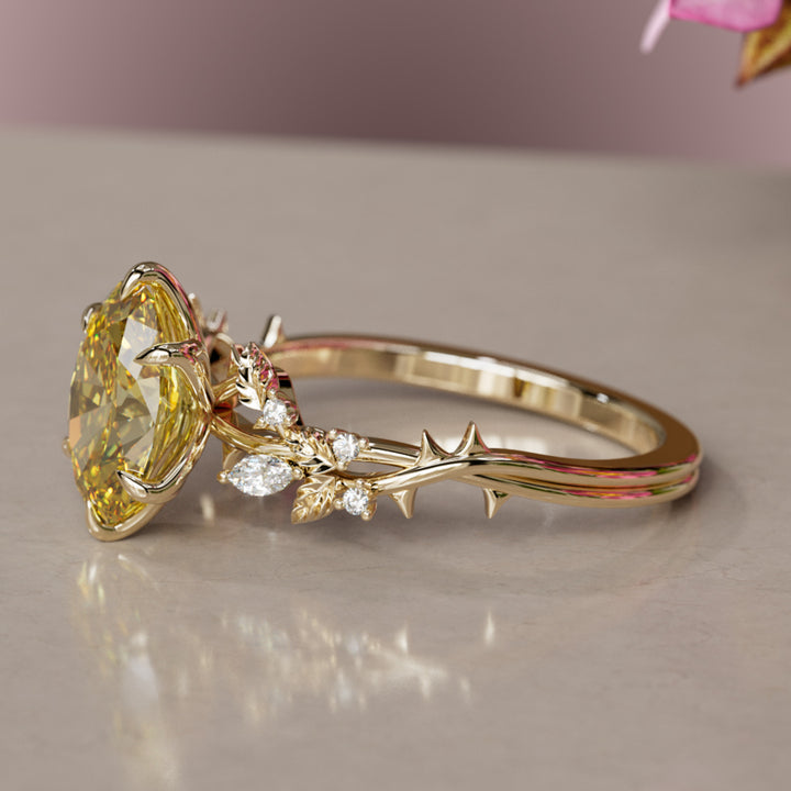 Anello di fidanzamento a fiore con diamante a forma di labradorite gialla ovale in legno di rosa ispirato alla natura (solo montatura)