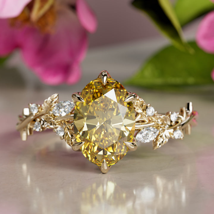 Anello di fidanzamento a fiore con diamante a forma di labradorite gialla ovale in legno di rosa ispirato alla natura (solo montatura)