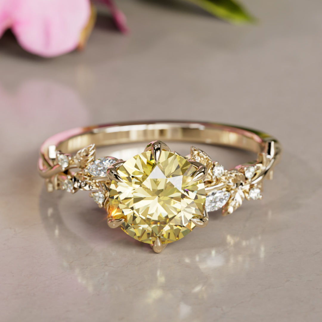 Rosewood Round Yellow Lab Diamond Engagement Flower Ring Nature Inspired (Setting Only)