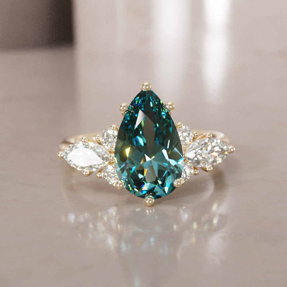 Fantasy Engagement Ring with Pear Shape Teal Sapphire and Diamonds