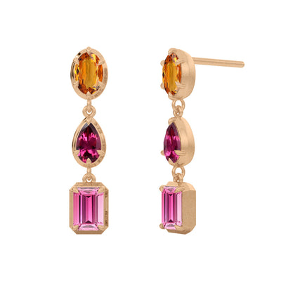 Pink Tourmaline & Citrine Statement Drop Dangle Gold Earrings  By Valley Rose Ethical Jewelry