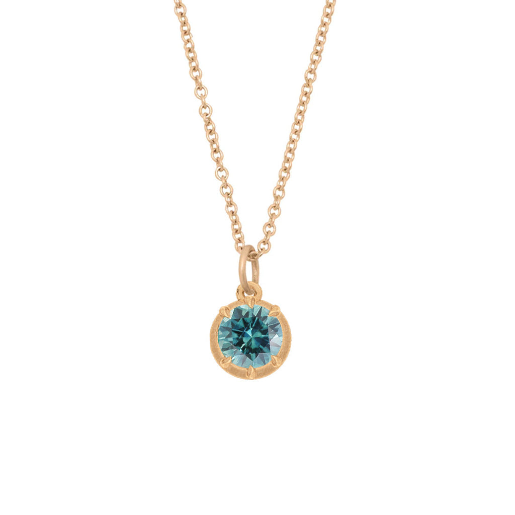 Round Teal Blue Green Sapphire Charm Gold Pendant Teal Sapphire By Valley Rose Ethical Jewelry