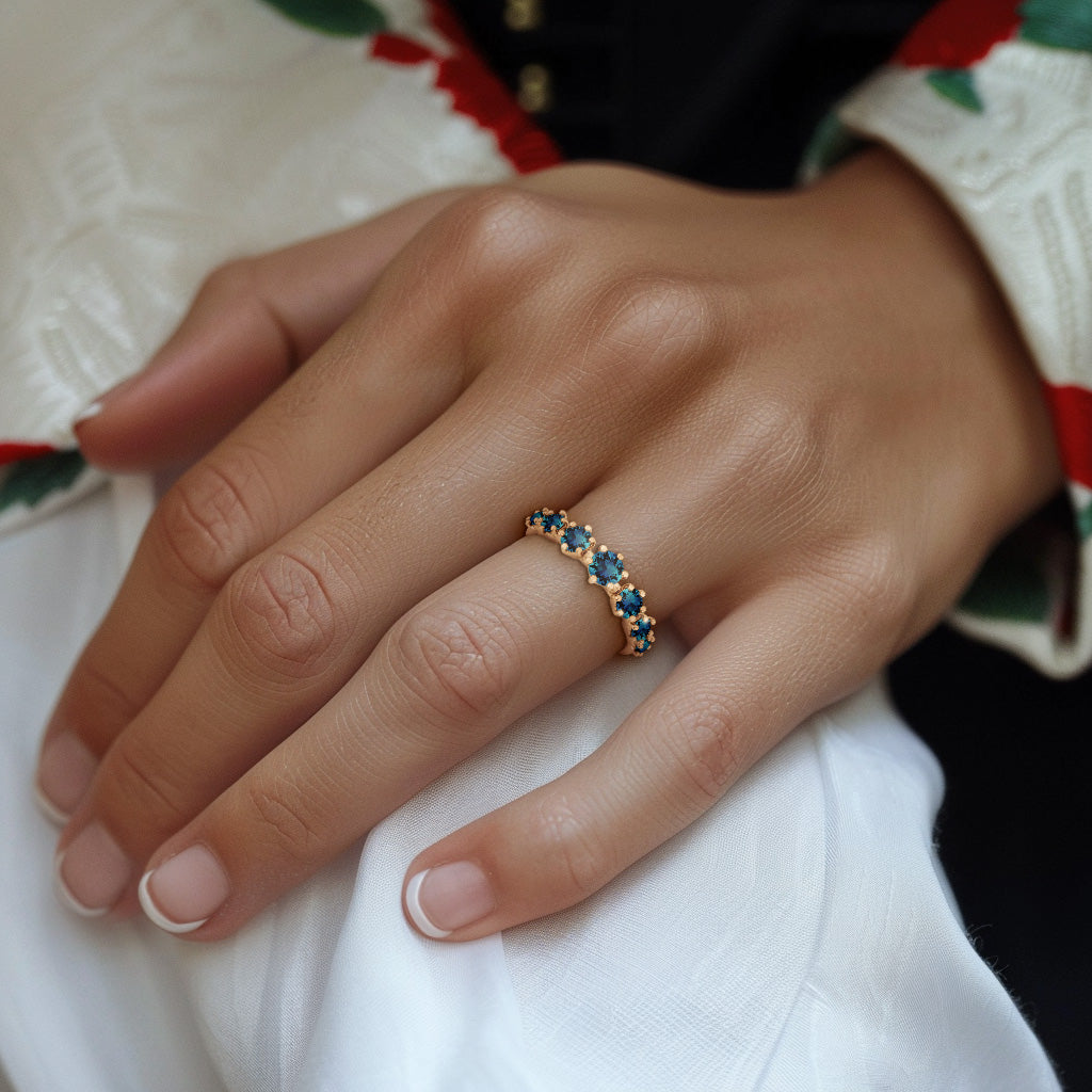 Unique Teal Sapphire Stackable Ring, Multi Stone Ring By Valley Rose