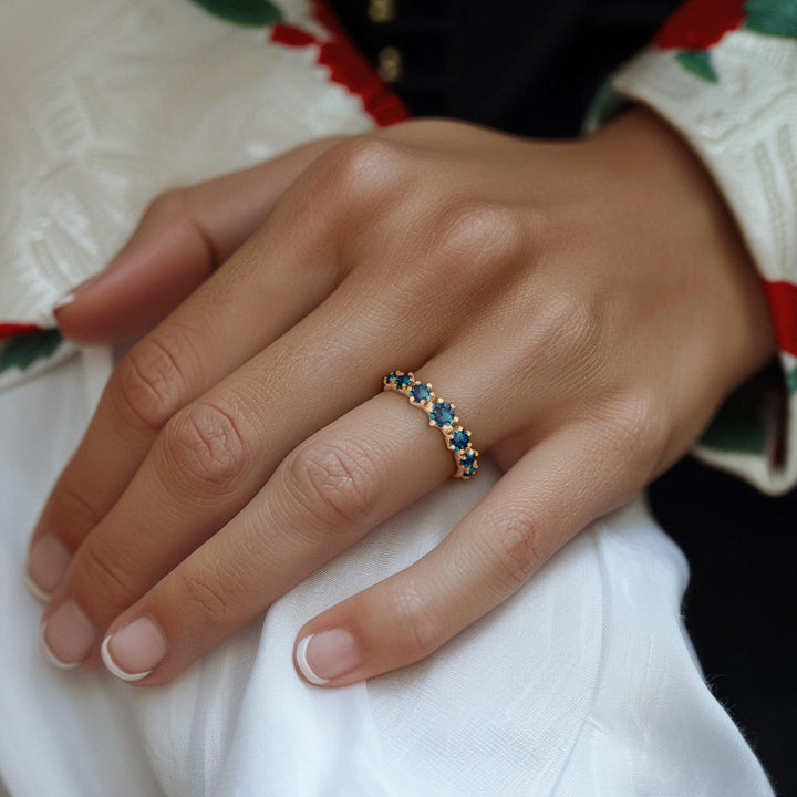Unique Teal Sapphire Stackable Ring, Multi Stone Ring By Valley Rose