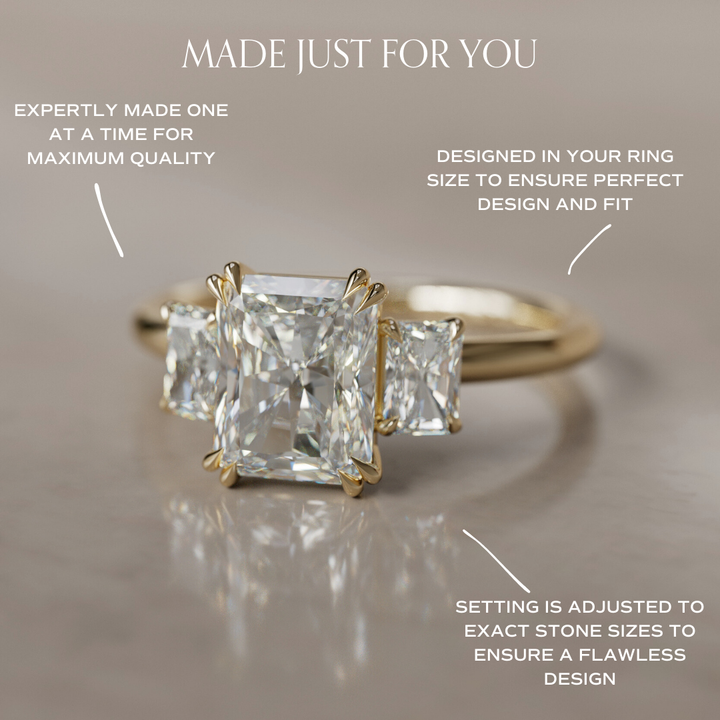 Valeria Unique Radiant Cut Lab Diamond Three Stone Engagement Ring By Valley Rose