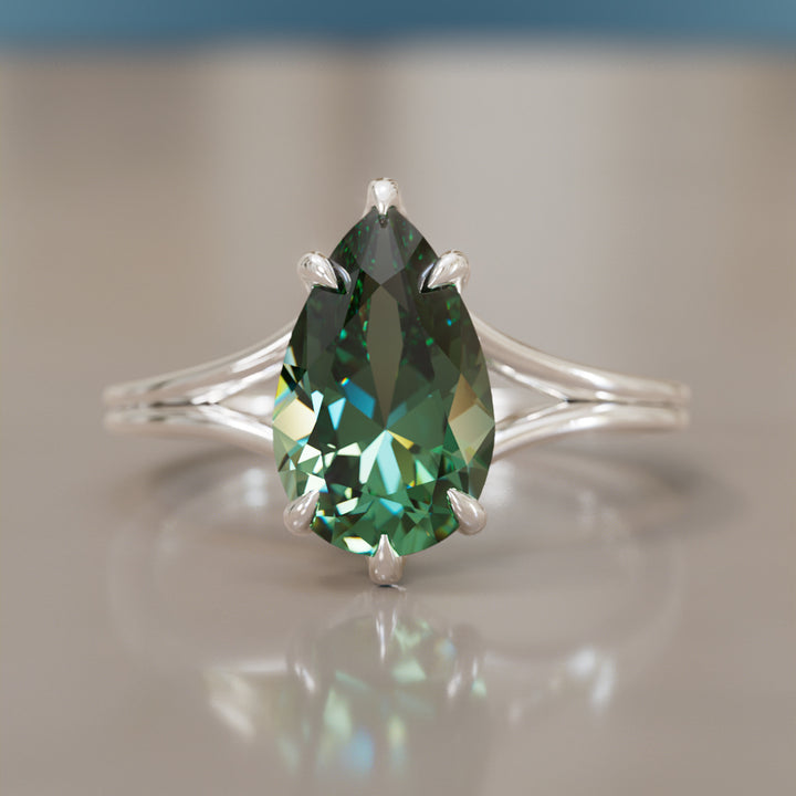 Zoe Pear Green Sapphire Modern Unique Split Shank Engagement Ring By Valley Rose