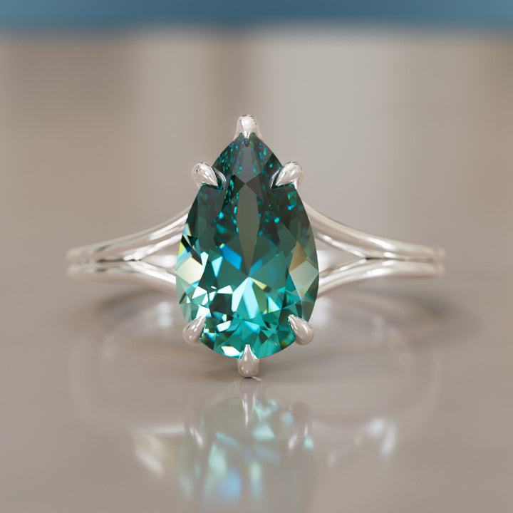 Zoe Pear Teal Sapphire Modern Unique Split Shank Engagement Ring By Valley Rose
