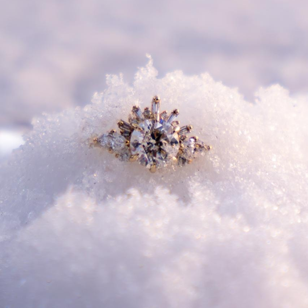 sustainable lab grown diamond ring in the snow