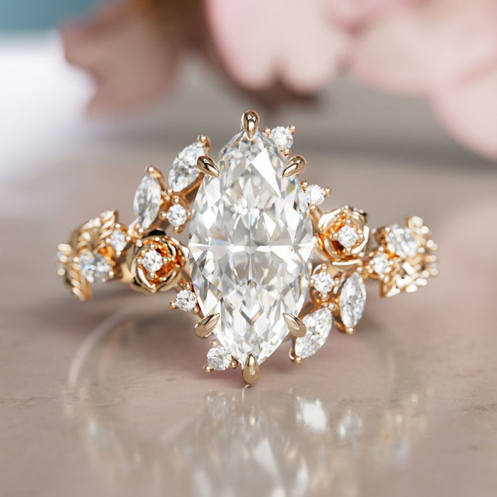 Rosewood marquise verlovingsring met laboratoriumdiamant en bloem, geïnspireerd door de natuur